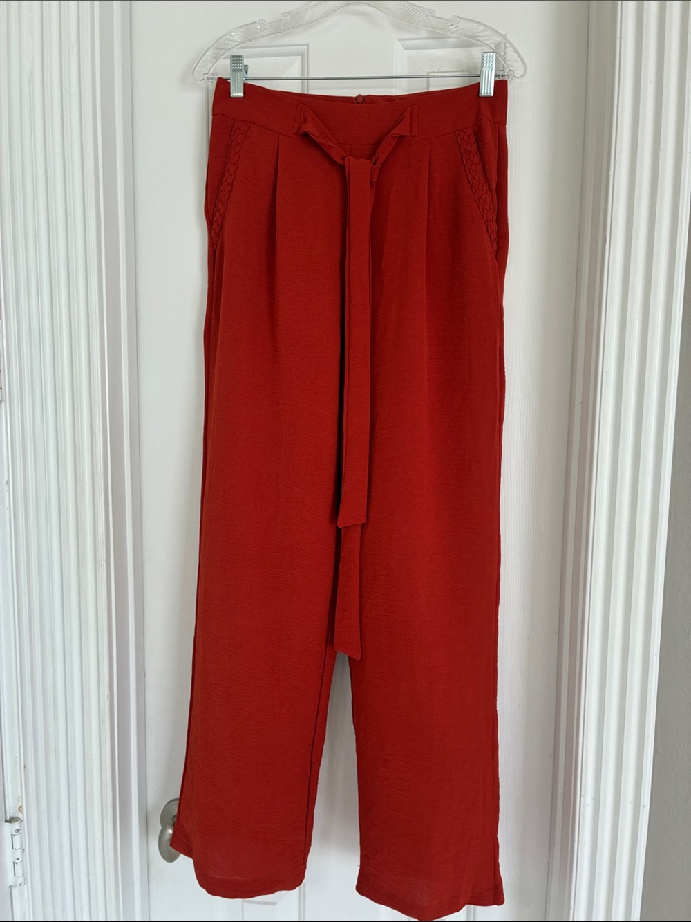 High-Rise Wide-Leg Tie-Waist Pants in Rust